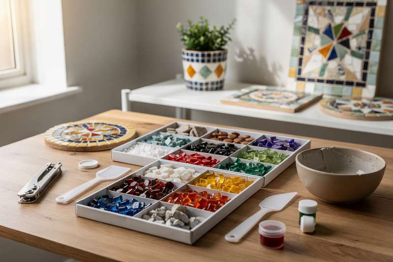 Mani di una persona che assembla piccole tessere colorate su una superficie per creare un mosaico decorativo.