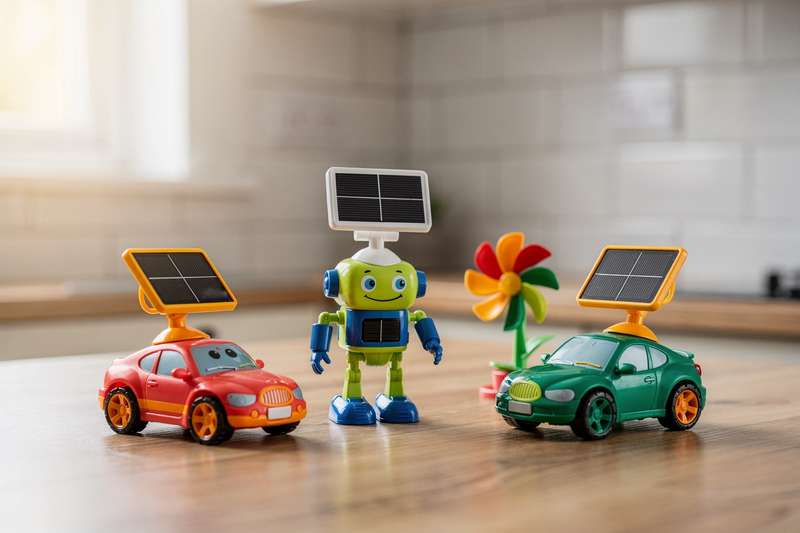 Una bambina gioca con un robot solare colorato nel giardino sotto il sole.