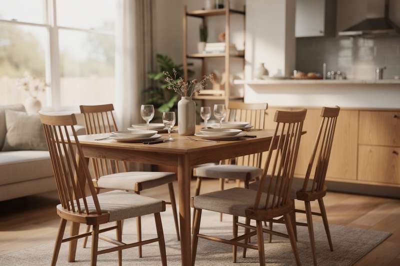 Una famiglia si riunisce intorno a un tavolo di legno scuro per condividere il pranzo in una sala da pranzo luminosa e...