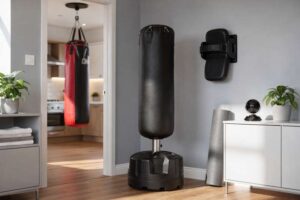 Persona che colpisce un sacco da boxe appeso in una stanza di allenamento domestica.
