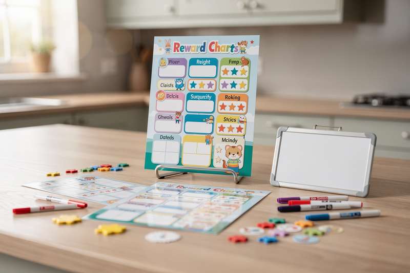 Bambina che appunta una stella colorata su una tabella dei premi appesa alla parete della cameretta.