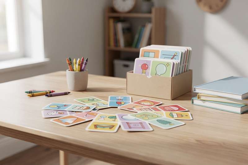 Una bambina seduta a un tavolo studia con colorate flashcard davanti a sé per imparare le lettere.