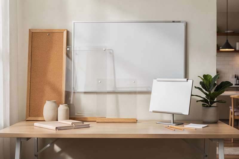 Persona che scrive appuntamenti e to-do list su una lavagna magnetica bianca appesa alla parete dell'ufficio.