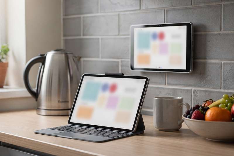 Una famiglia consulta il calendario digitale a parete mentre pianifica gli impegni della settimana in cucina.
