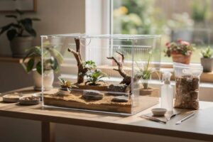 Mani che allestiscono un terrario con piante e decorazioni per creare un habitat naturale per rettili e insetti.